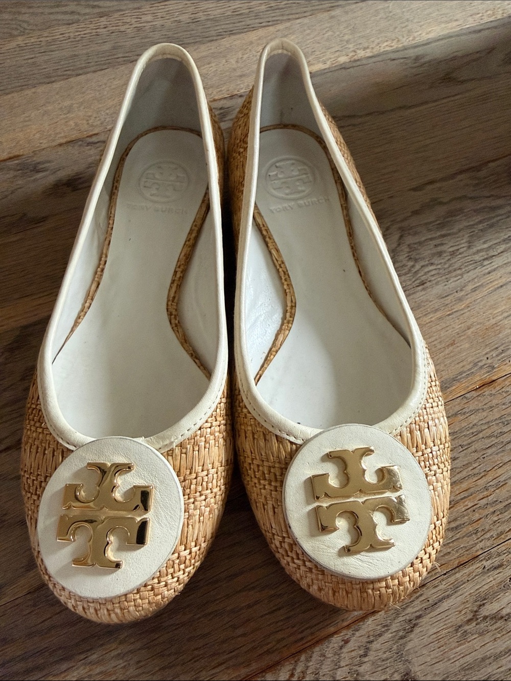 Tory Burch Natural Raffia Ballet Flats with Cream Trim & Gold Logo Medallions